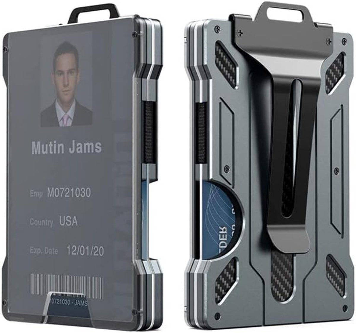 Kaarthouder van aluminium met transparante ID-kaarthouder, ID-kaarthouder, voor maximaal 15 kaarten met bankbiljettenklem, RFID-bescherming, creditcardetui, grijs, Modern