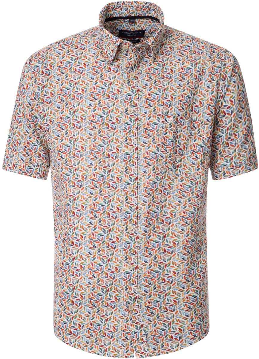 CASA MODA Sport casual fit overhemd - korte mouw - structuur - donkerblauw - wit en beige dessin