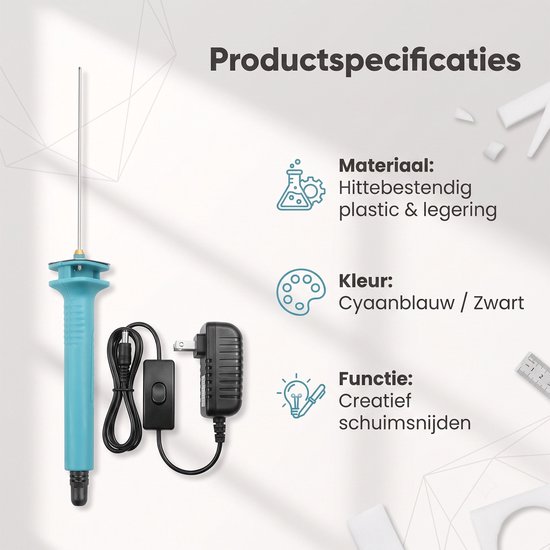 Productspecificaties van de schuimsnijder, inclusief materiaal, kleur (cyaanblauw/zwart) en functie (creatief schuimsnijden).