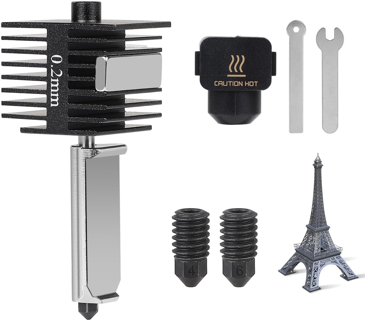 SnelShoppen - 0.2mm Hotend voor 3D Printer, Extruder Onderdelen met Extra Verwisselbare 0.4mm en 0.6mm Hardened Steel Nozzles, Silicone Cover voor Bam