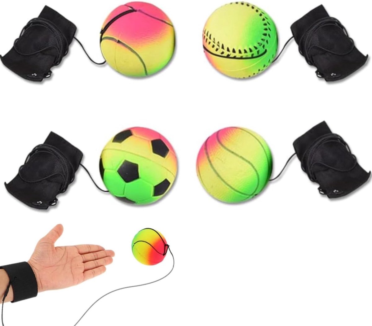 Wrist Ball met Terugslag - 4 Stuks Rubberbal Armband - Sportieve Oefening - Ideaal voor Teens en Volwassenen - SnelShoppen