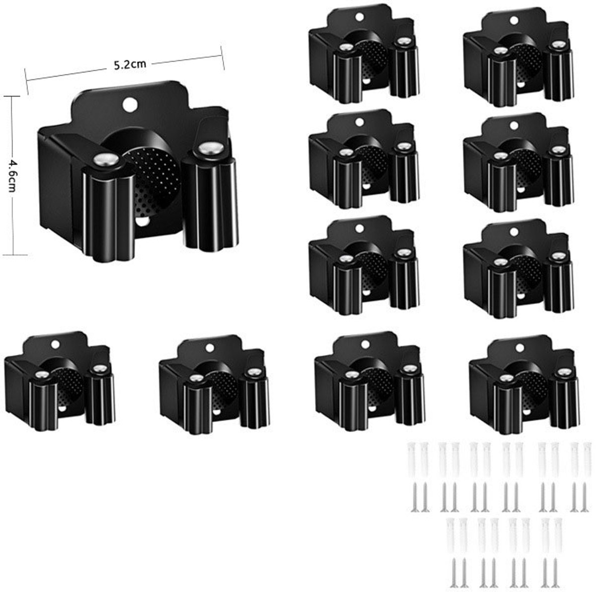 10-stuks Bezemhouder - Tuingereedschap Ophangsysteem - Bezem ophangsysteem - Schroefbevestiging voor wandmontage- 5.2 × 4.6 ×2 cm - RVS - Geschikt voor badkamer, keuken, schoonmaakhoek - Zwart