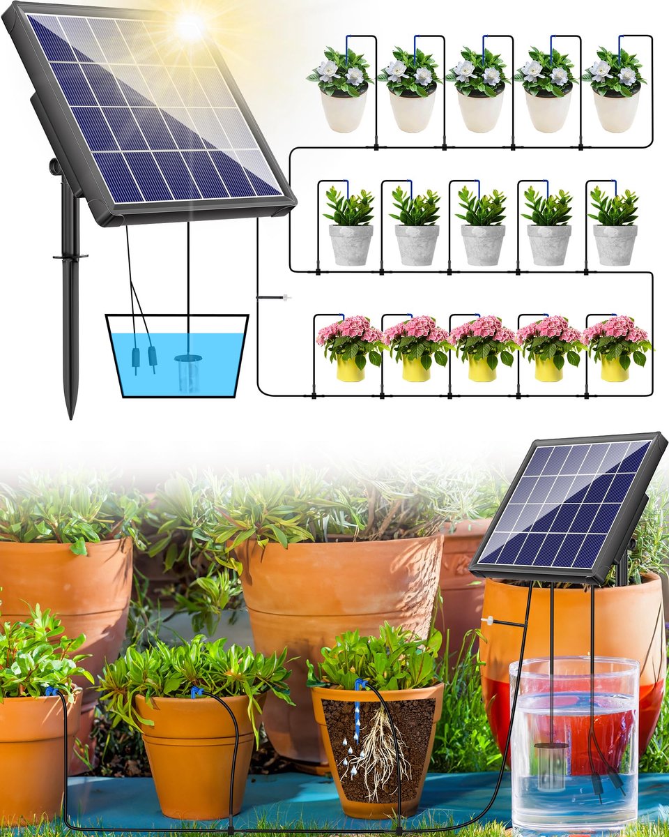 Balkonbewateringssysteem op zonne-energie - 12 m - automatisch irrigatiesysteem - ideaal voor tuin en planten - ShopVlot