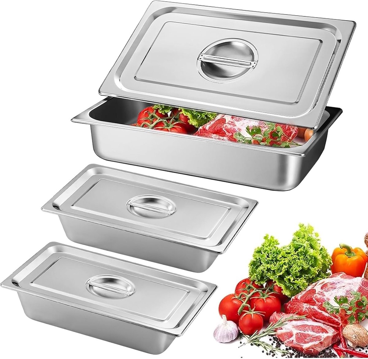 Breading set 3-delig - RVS hotelpannen - Inclusief deksel - Perfect voor serveren en bewaren - ShopVlot