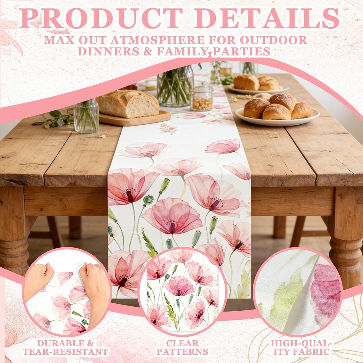Tafelloper 33,3 x 176 cm - Floreel patroon - Zachte roze tinten - Perfect voor lente dinertjes - ShopVlot