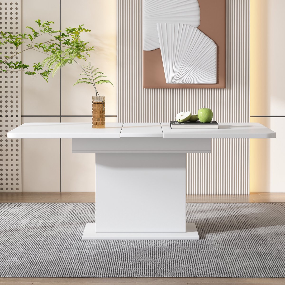 Eettafel Set 7 Delig - Uitschuifbare Eettafel Met Opbergruimte En 6 Bouclé Stoelen - Moderne Witte Tafel Met Gestoffeerde Stoelen - Complete Eetkamerset Voor 6 Personen