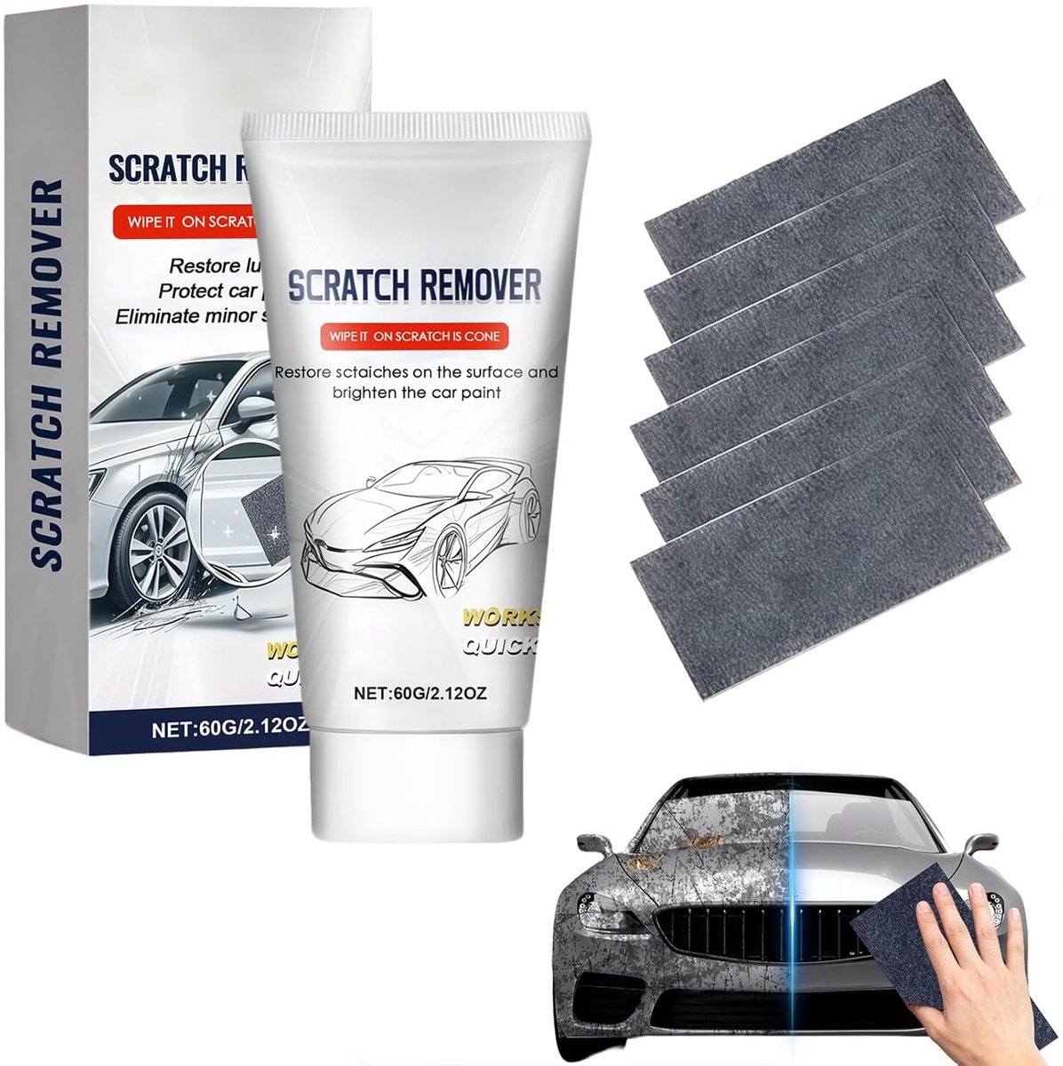 2026 Nieuw Auto Krassen Reparatie Kit met Nano Doek, Auto Krassen Verwijderaar en Polijstmiddel,60g Pasta + 6 Doeken - ShopVlot