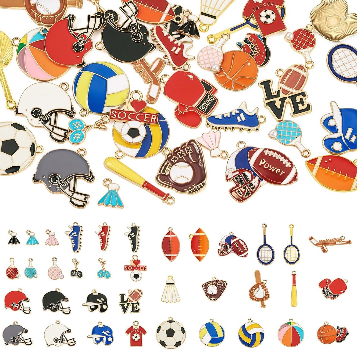 36 stuks sportbedels bulk geassorteerde sport emaille hangers kleurrijke helm racket honkbal badminton volleybal - ShopVlot