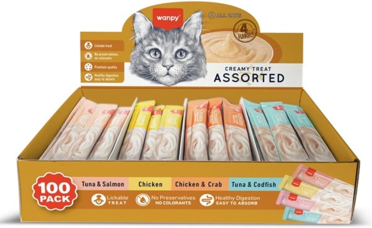 Wanpy Creamy Treats Lick Snacks Cat Snacks 4 Flavors Value Box 100 Pieces - ShopVlot