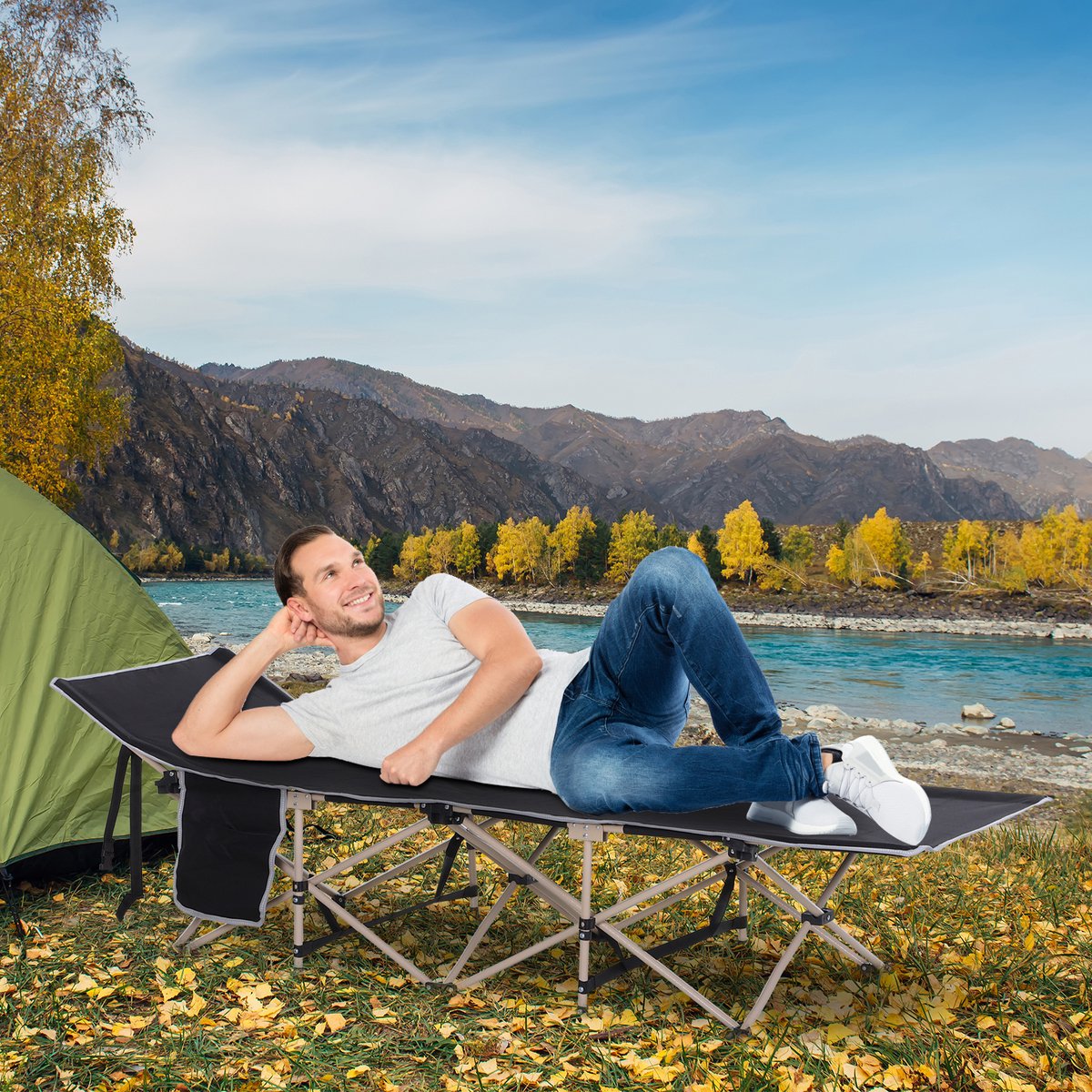 DESMIU Campingbed 190 X 68 X 52 Cm - Opvouwbaar Met Tragetas - Voor Camping En Outdoor - Staal - Zwart