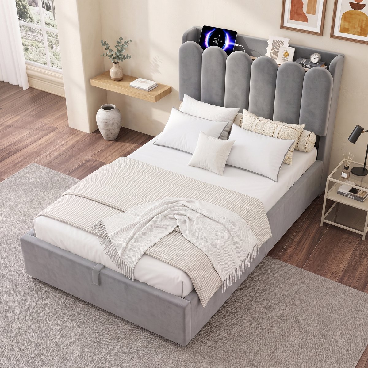 STILVORA Kinderbed 90 x 200 cm – Functiebed Met Leeslamp En Oplaadpoorten – Grote Opbergruimte Onder Bed En Hoofdbord – Fluweel – Grijs – Zonder Matras
