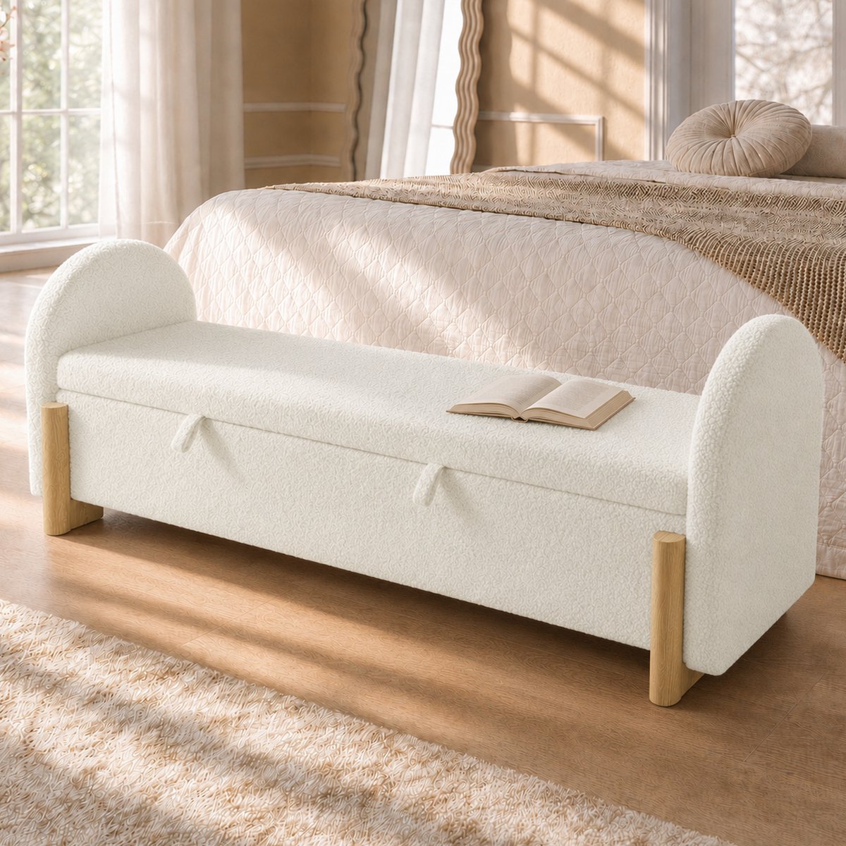 STILVORA Bedbank 186 cm - Opbergruimte Met Gasveersysteem En Zachte Sluiting - Voor Slaapkamer En Hal - Boucle Hout MDF - Wit