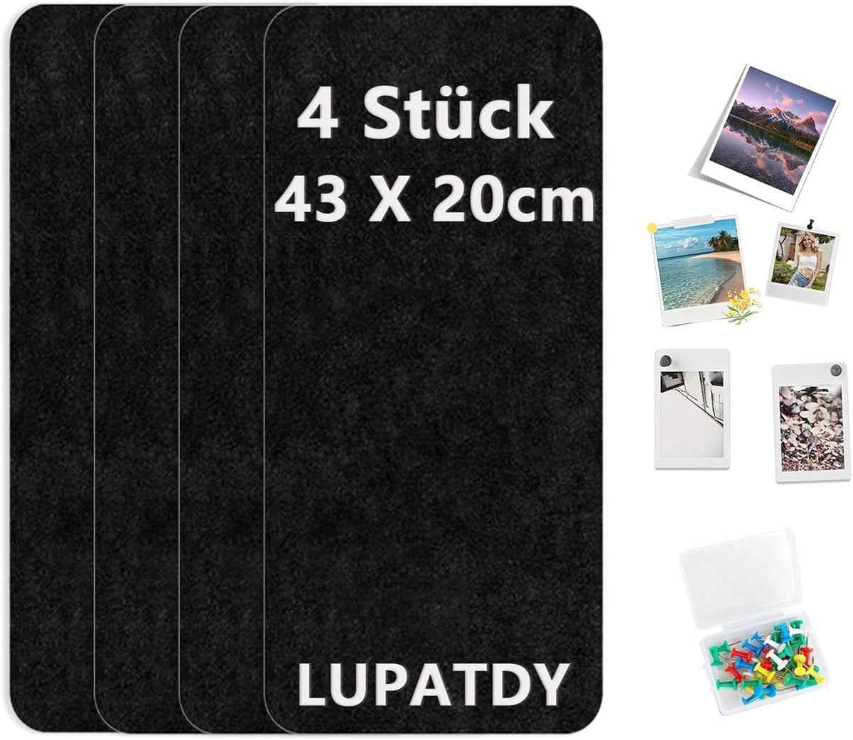 Memo bord set van 4 - 43 x 20 cm vilt - zwart - stijlvolle muurdecoratie voor fotos - SnelShoppen