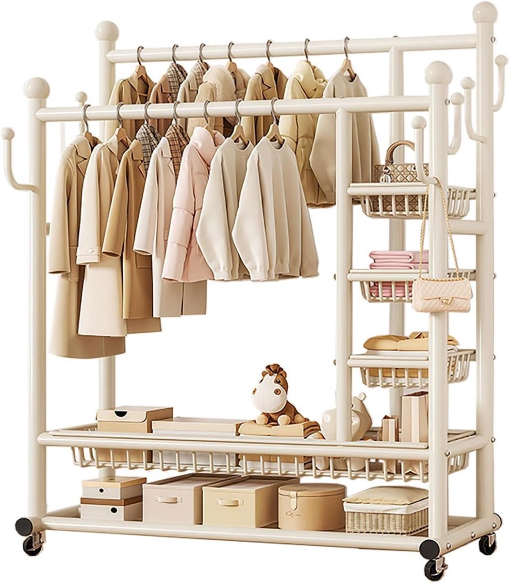 Kledingrek met Mand - Kledinghanger Rek - Kleding Opbergen - Dubbele Ophangstangen - 150cm - Wit