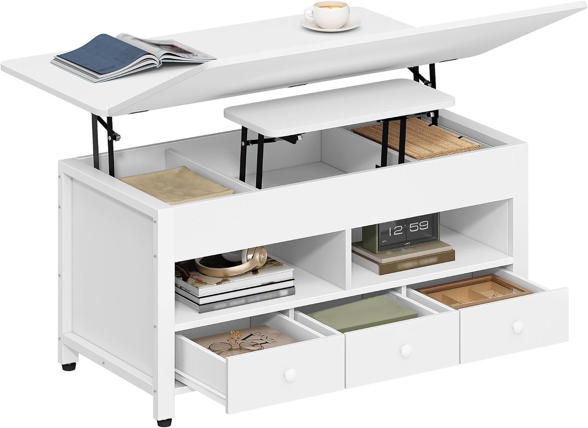 Hzuaneri Salontafel, 3-in-1 in hoogte verstelbare salontafel met opklapbaar bovenblad, met 3 lades grote opbergruimte, 100 × 50 × 47 cm uitschuifbaar (100 × 63 cm) voor woonkamer/kantoor, wit Woonkamertafel, koffietafel, thuiskantoor
