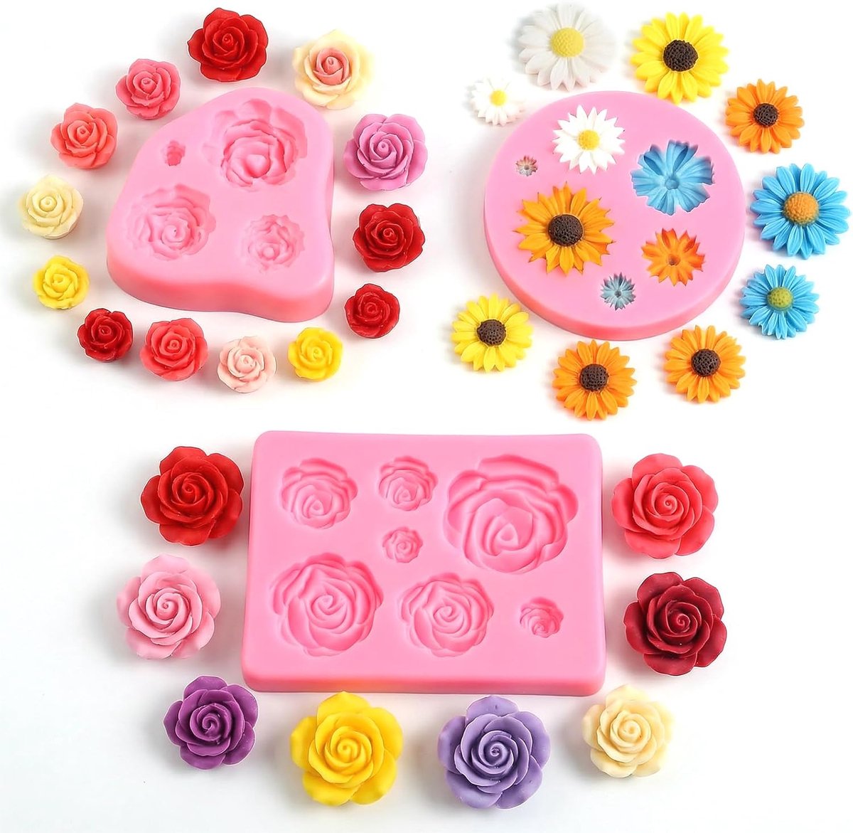 Siliconen vormen bloemen 3D - 3 stuks rozen en madeliefjes - natuurgetrouwe designs - ShopVlot