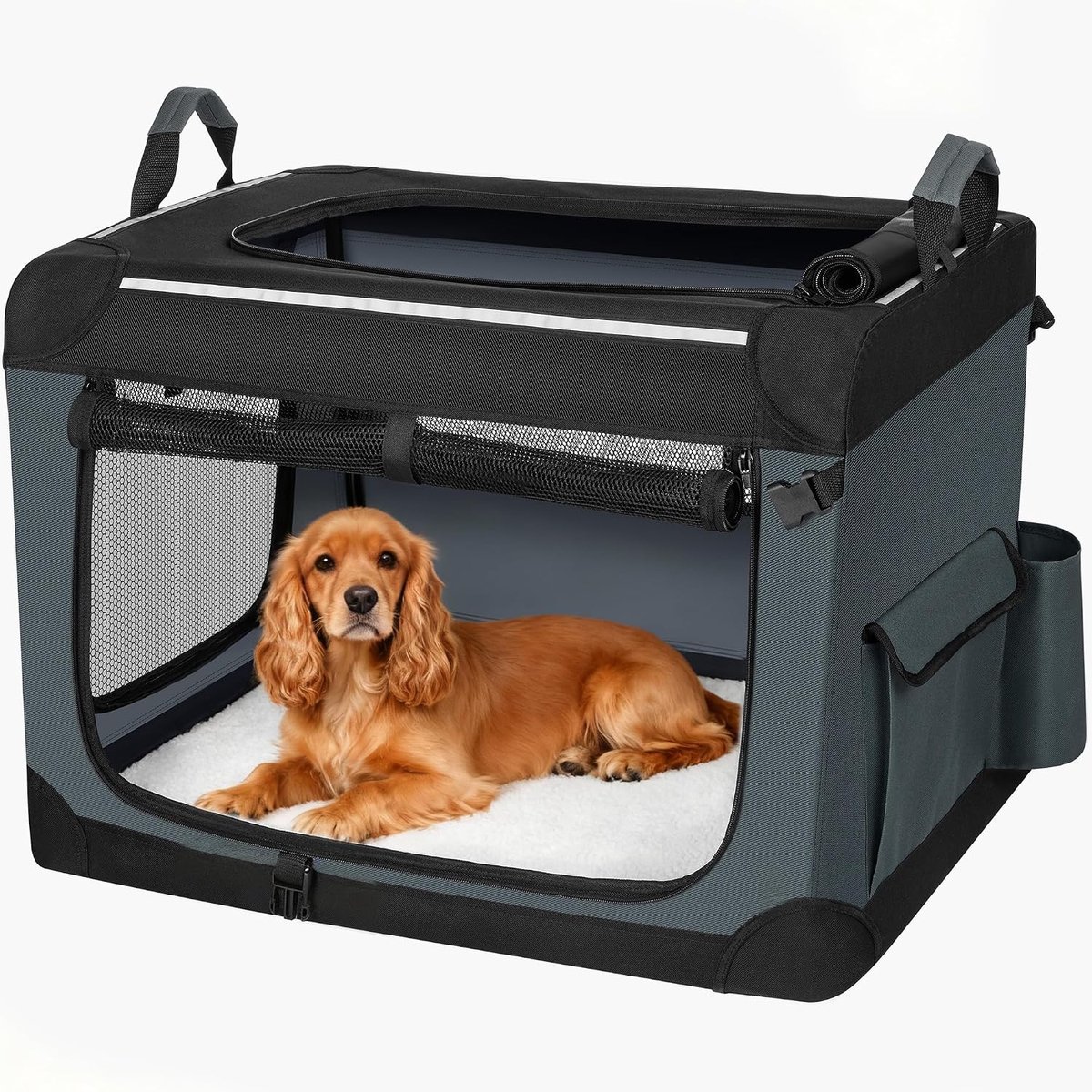 HILINSIE Opvouwbare Hondenbench, Draagbare Opvouwbare Hondenbench met 3 Deuren en Ademend Gaas, Reistas voor Huisdieren met Reflecterende Strepen en Opbergvak, Grijs, 76,2x53,4 x53,4 cm