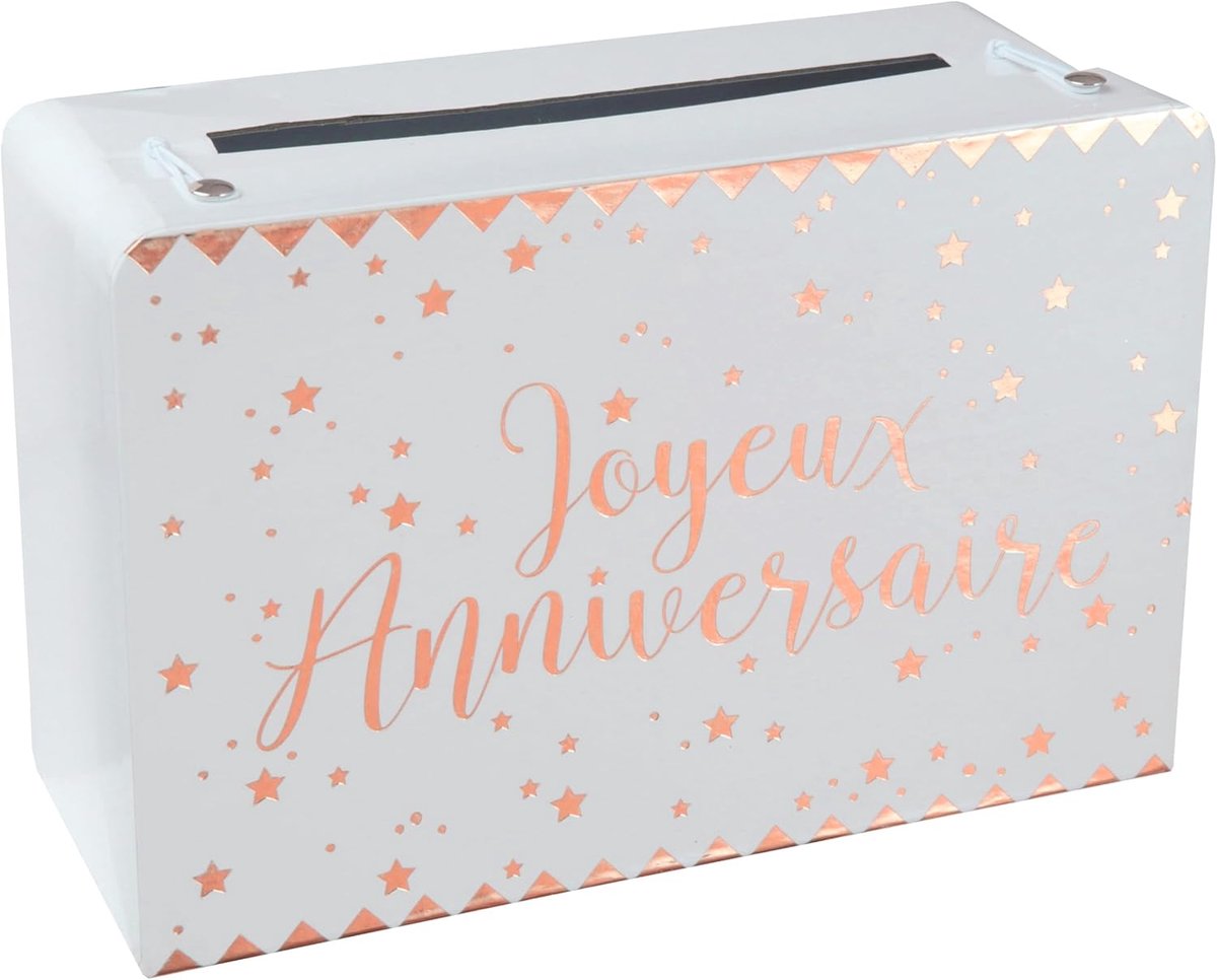5671-20, kleine spaarpot met koffer "Joyeux Anniversaire", metallic, roze goud