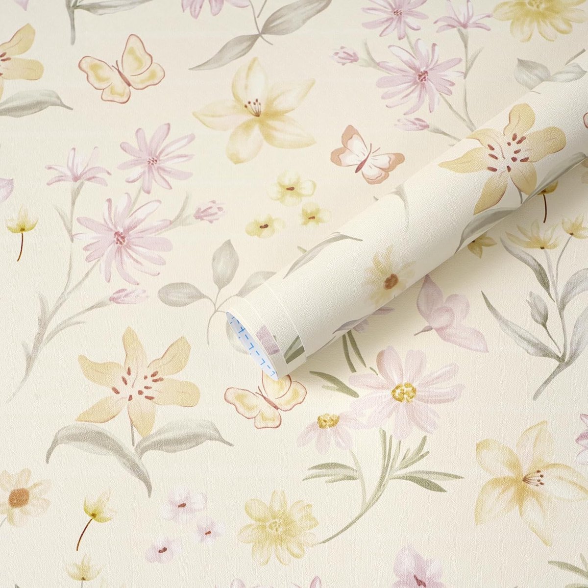 Behang, beige, 44 cm x 3 m, bloemen, bladeren, meubelfolie, zelfklevend, bloemenbehang, plakfolie, vinyl, plakbehang voor woonkamer, slaapkamer, keuken, muur, meubels