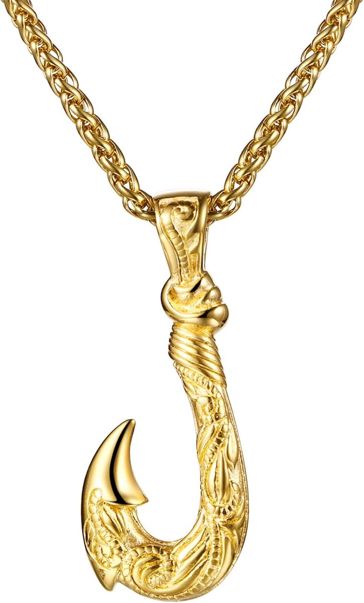 Heren halsketting met vishaak hanger: gouden roestvrij staal vishaak hanger ketting met golvend en spiraalpatroon vintage hiphop punk sieraden cadeau voor vissers, roestvrij staal
