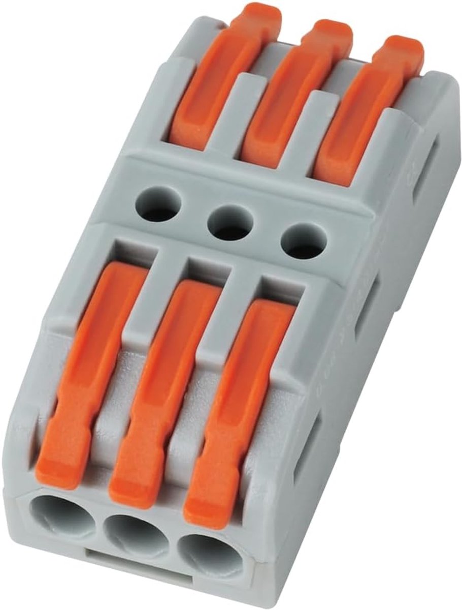 3-polig met hendel, 50 stuks verbindingsklemmen voor 3 geleiders, inline kabelconnector voor verlengen en repareren, universele splitsklem voor 0,08-4 mm² (grijs/oranje)