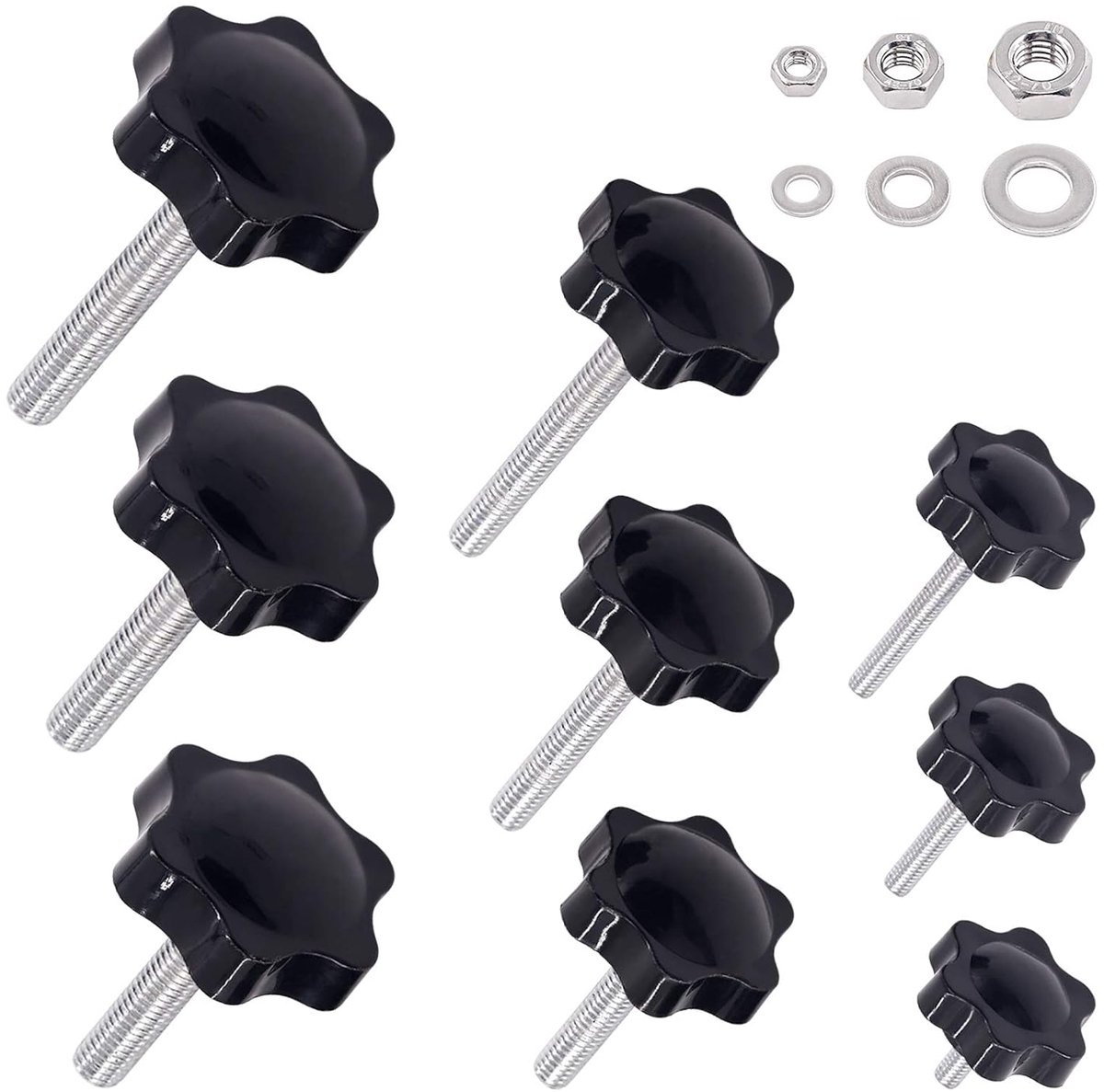 135 stuks M4 M6 M8 zeskantige buitendraad metalen klem hand ster knoppen met 304 roestvrijstalen zeskantmoeren en platte wasmachine assortiment kit, klemschroef plastic schroefgreep klemknop