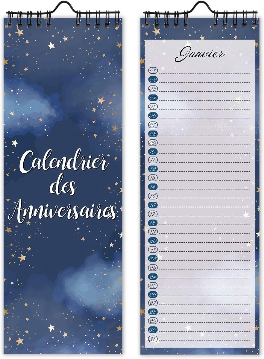 Kalender voor verjaardag, muur, Frans, voor familie, kantoor, kinderen (Starry)