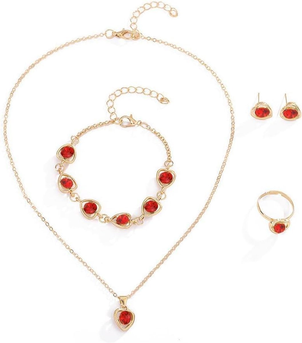 4-delige sieradenset bestaande uit halsketting, oorbellen, hart, armbanden en ringen, zirkonia, halsketting, sieradenset, bruid, cadeau voor Valentijnsdag, Kerstmis, voor dames en meisjes