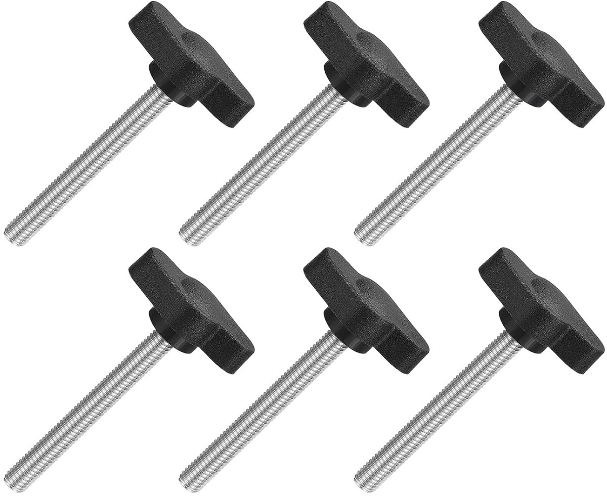 6 stuks T-vleugelgrepen met vlinder, spanknop schroef M5 x 45 mm buitendraad schroeven roestvrij staal 304 handvat 27 mm diameter voor reserveknop, zwart