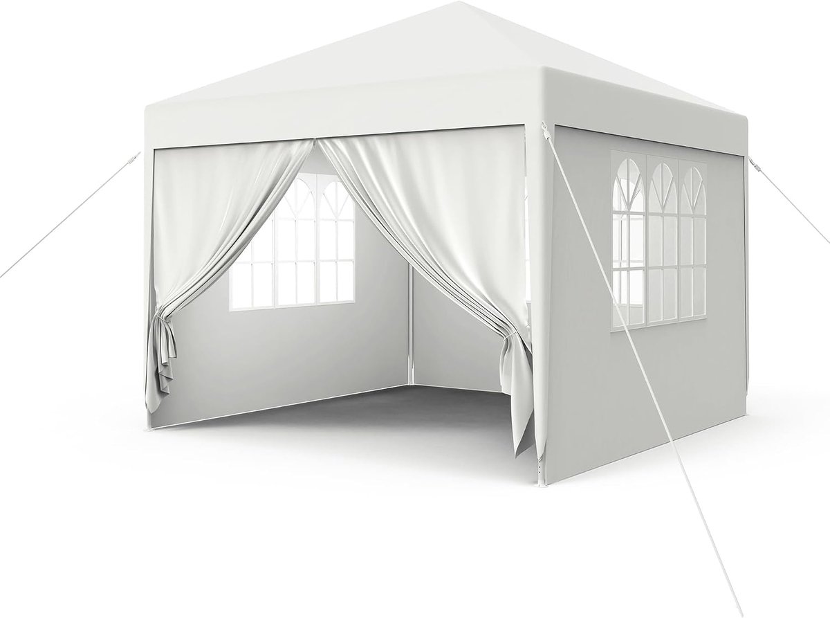 Paviljoen, 3 x 3 m, vouwpaviljoen, waterdicht, stabiel, vouwtent met 4 zijpanelen, ramen en vaste grondnagels, tuinpaviljoen, opvouwbaar, winterbestendig, uv-bescherming, wit