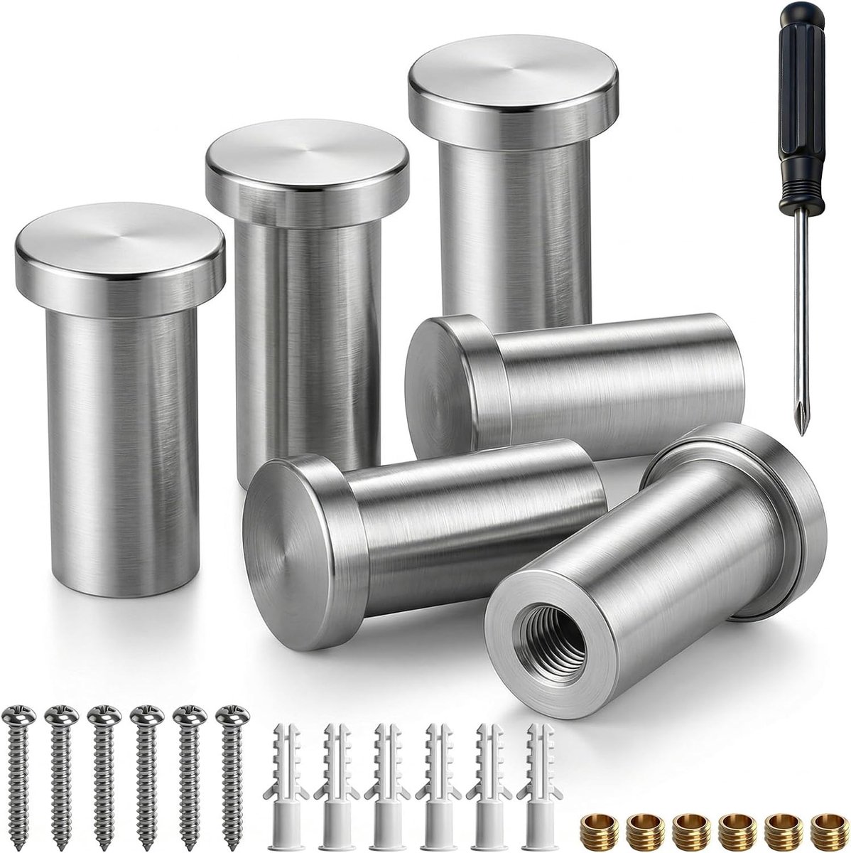 Set van 6 kledinghaken, roestvrij staal, set met schroevendraaier en montageaccessoires, ronde zilveren garderobehaken, roestvrij staal, handdoekhaken om te boren, wandhaken voor badkamer