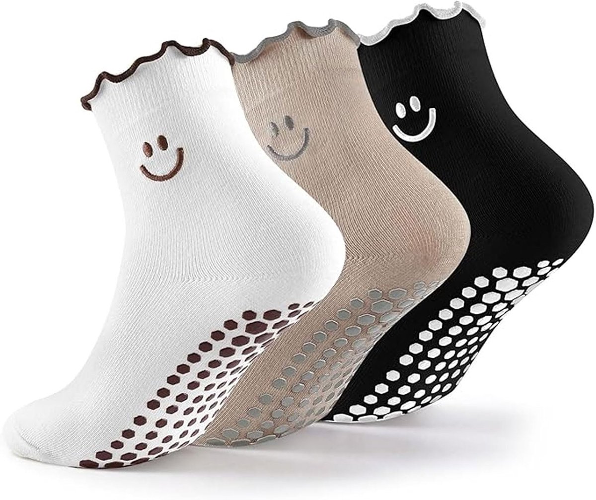 Sokken voor Vrouwen: Smile Geborduurde Ruffle Katoenen Grip voor Barre Yoga Training Maat 5-9 (3-pack)