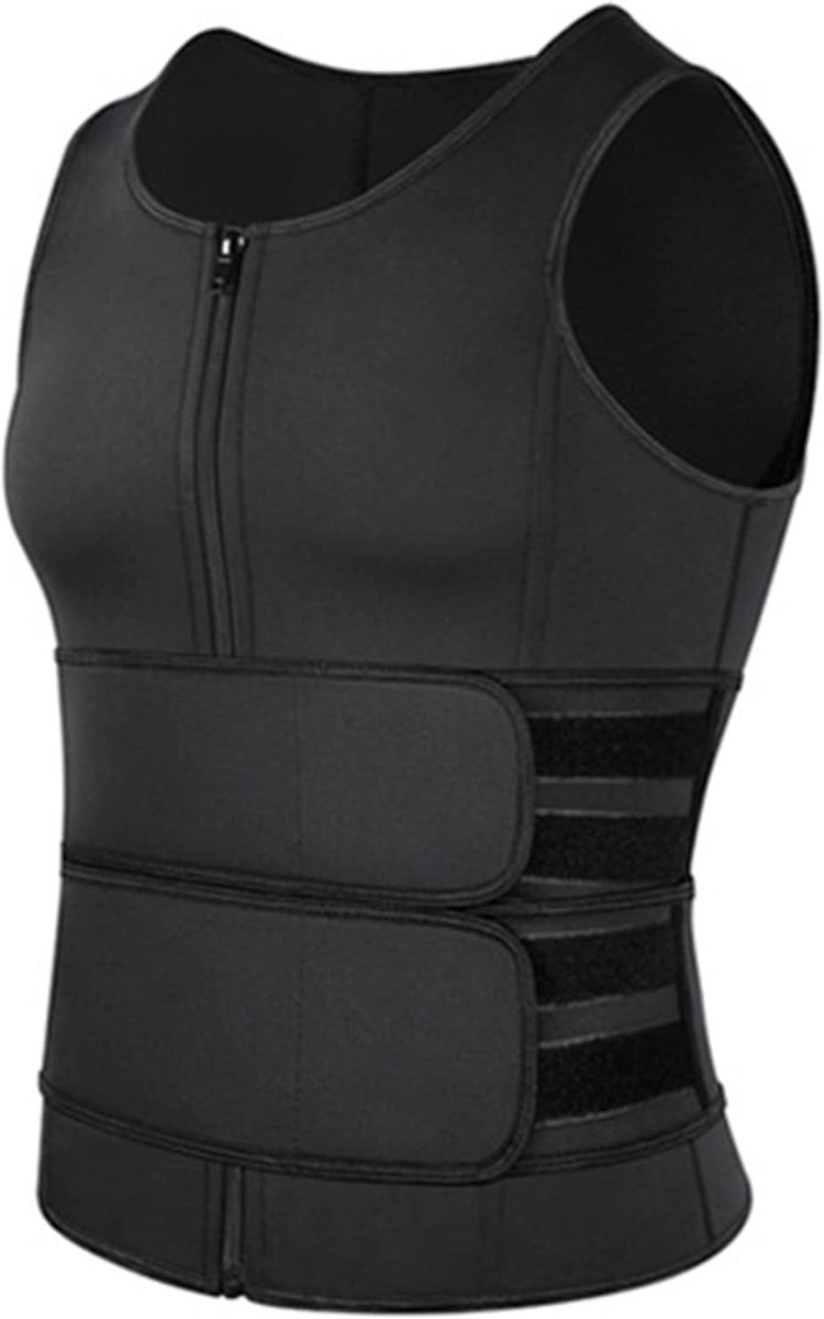 Lichaamsvormend saunavest, lichaamsvormend herenvest, ademend gymfitnessvest met dubbele riem (zwart XXL)