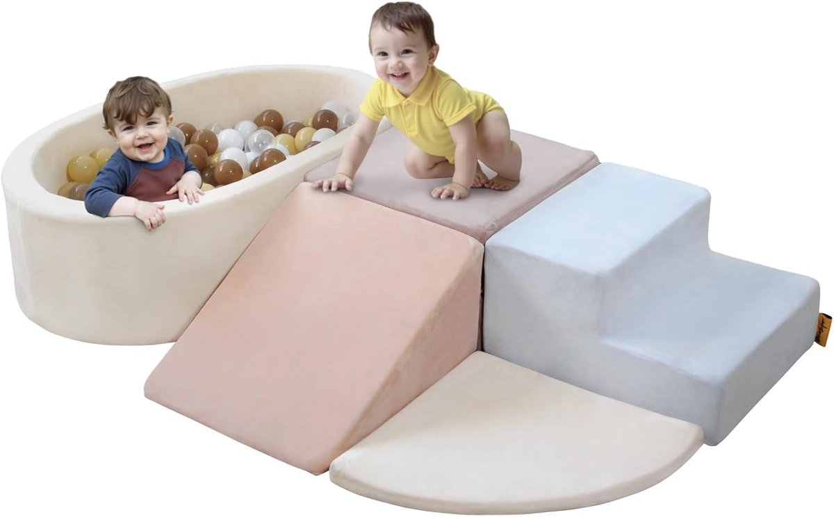 Schuimrubberen klimblokken voor kinderen, babyschuim bouwstenen XXL met ballenbad, klimblokken met ballenbad (geen bal), softplayset met ballenbak, EN71-gecertificeerd, blauw en roze
