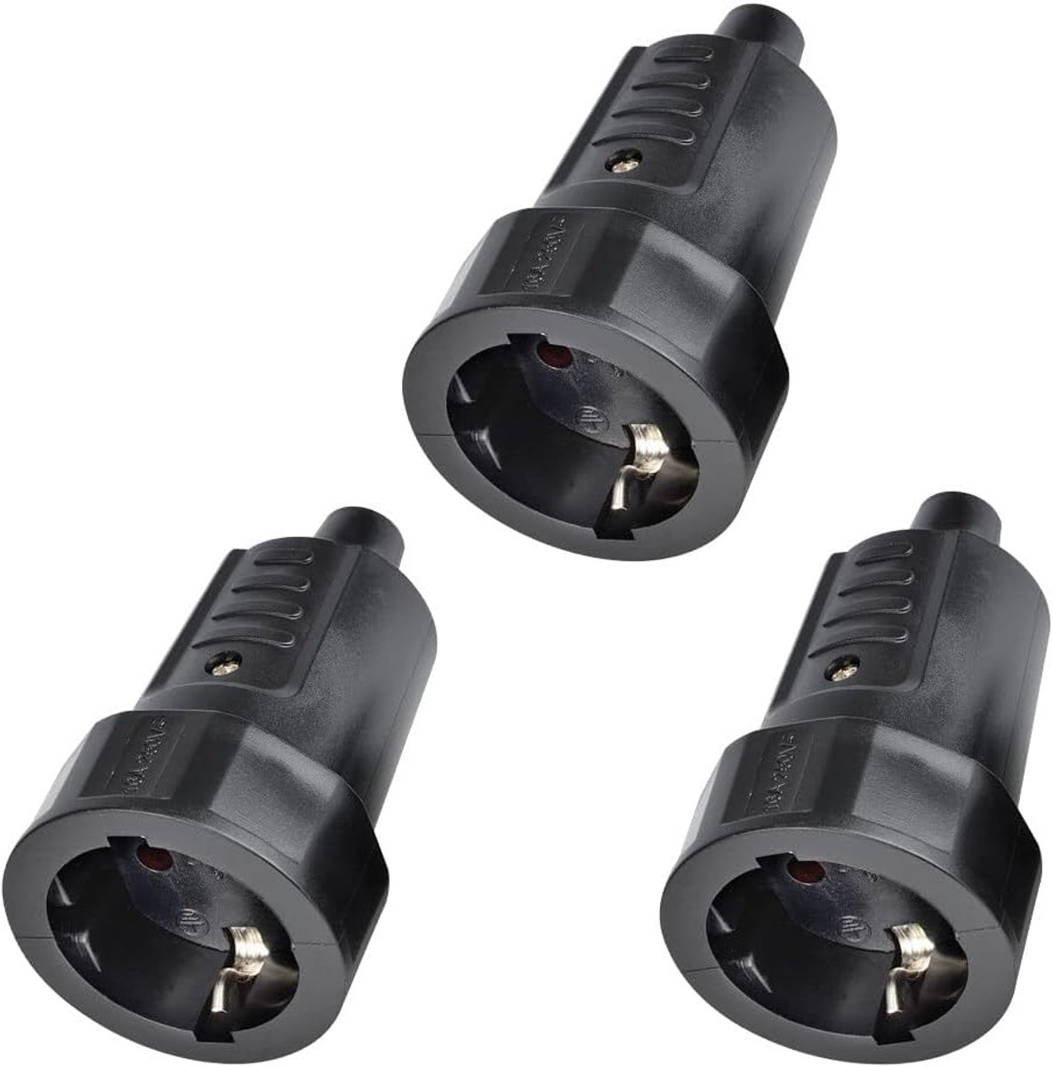 koppeling, 3 stuks geaarde rubberen koppeling met knikbeschermtuit, buiten, waterdichte eurostekker, koppeling 230 V, 16 A, onbreekbaar, geaard contact, koppeling zonder kabel, zwart