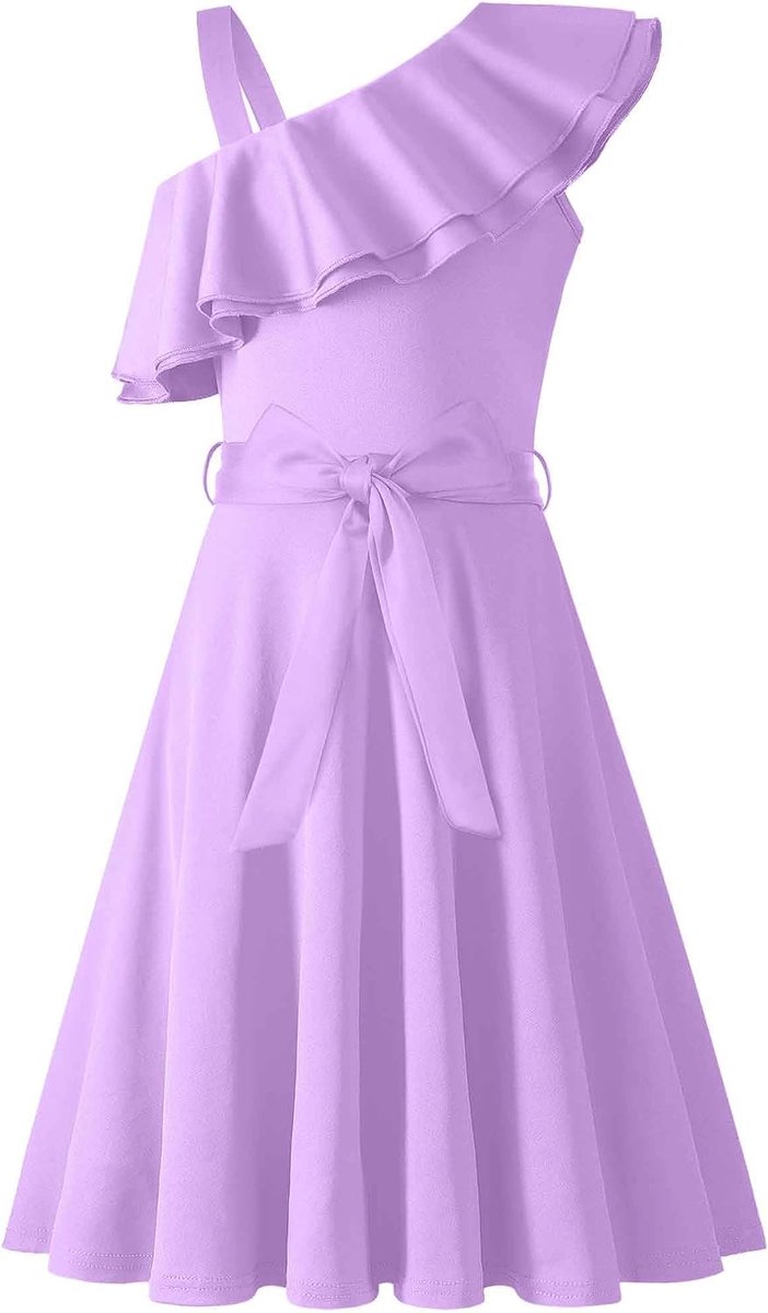 Meisjesjurken, één schouder, kinderjurk, zomer, feestelijke jurk, ruches, elegante partyjurk, swingjurk met riem, mouwloze jurk voor meisjes van 5-13 jaar