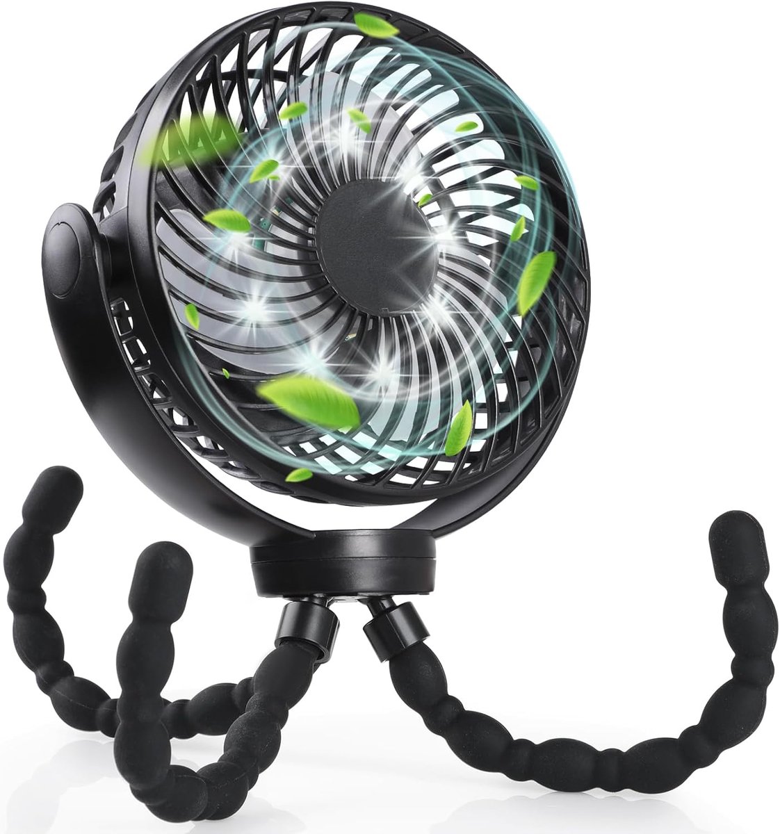 Kinderwagenventilator met ledlicht, 10.000 mAh, kleine tafelventilator, campingventilator, 360 graden draaibaar, draagbare oplaadbare ventilator voor camping, tenten, thuis en kantoor, zwart