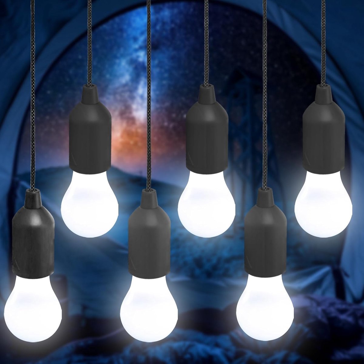 6 LED campinglamp gloeilamp, campinglicht voor tent, campinglamp met trekschakelaar, draagbare tentlamp gloeilamp, campinglamp voor wandelen, vissen, bureau, tuin, BBQ (zwart: wit licht)