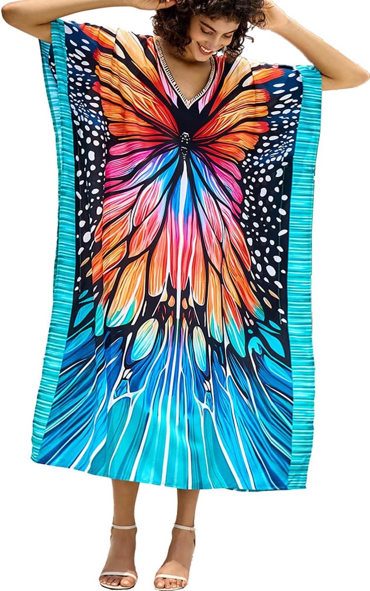 Zomerkaftan voor dames, maxi-lange strandjurk, pareo, strandhemd, badmode, bikini-cover-ups, meerkleurig 2, Eén maat