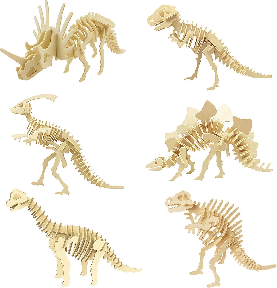 Knutselset Spinosaurus Stegosaurus Tyrannosaurus Rex Triceratops Brachiosaurus Ezel Draak 3D houten dierenpuzzel 6-delige set - 3D-houten puzzelserie