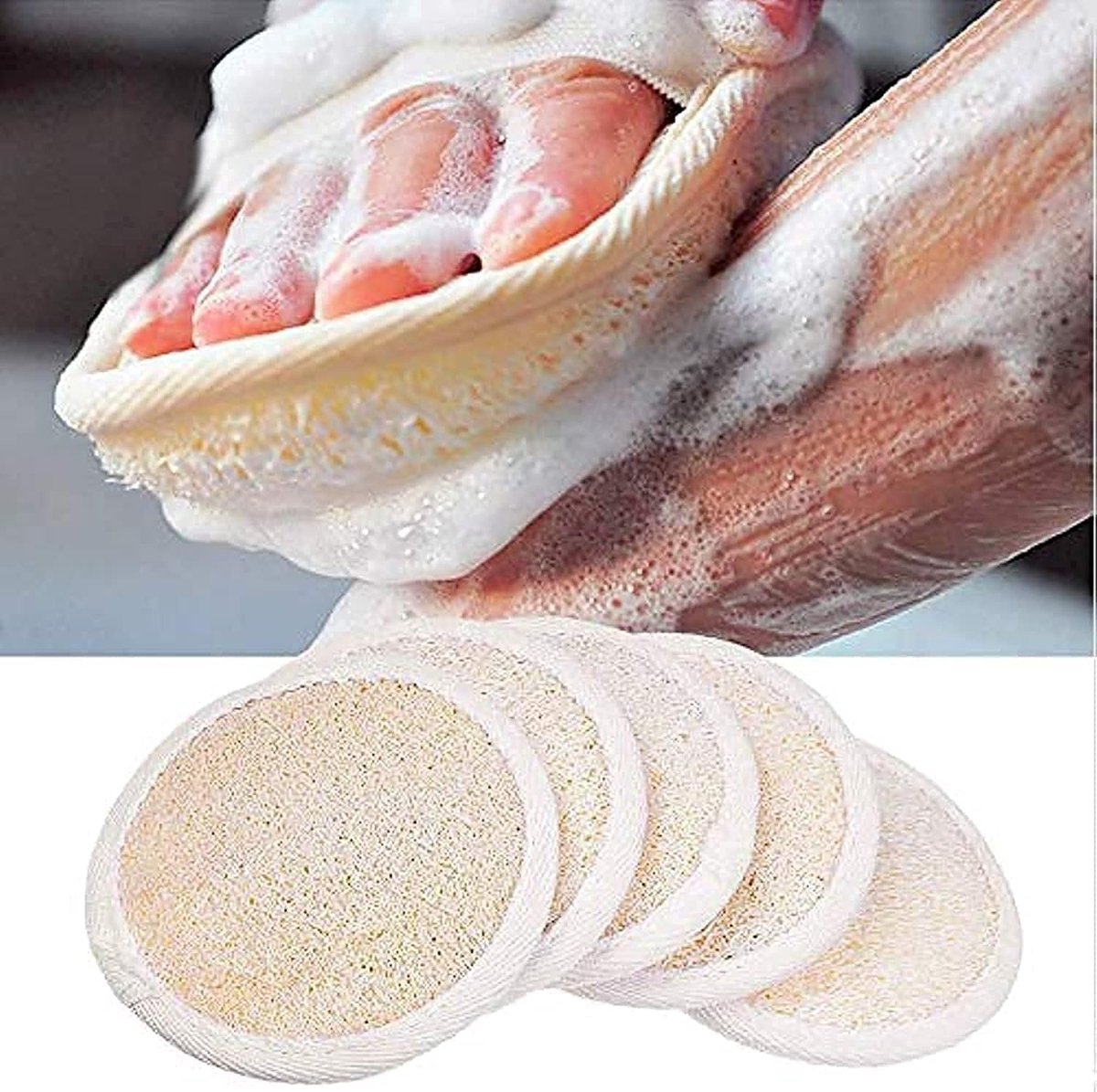 (pak van 5) - Exfoliërende scrubsponsjes - Natuurlijk Luffa-materiaal - Essentieel huidverzorgingsproduct - Voor douche/bad - Vezelige textuur - Perfect voor gezichts-/lichaamswassing