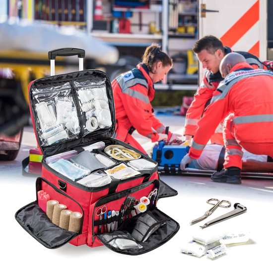 Medische tas met wielen met afneembare trolley, roltas voor verpleegkundigen met afneembare scheidingswanden, lege EHBO-tas voor artsen, EMS-professionals, rood — afbeelding 5