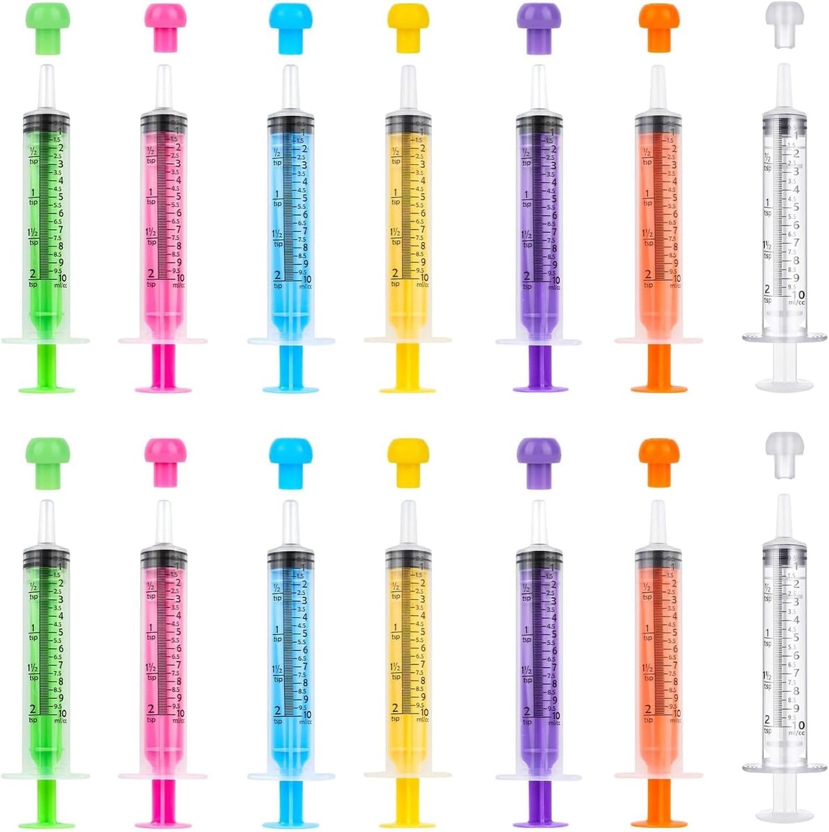 10 ml herbruikbare kunststof spuiten, 14 stuks met dop, 7 kleuren | Afzonderlijk verpakt en zonder naald, geschikt voor colostrum, vloeistoffen, schone dosering, knutselen en dierenvoeding