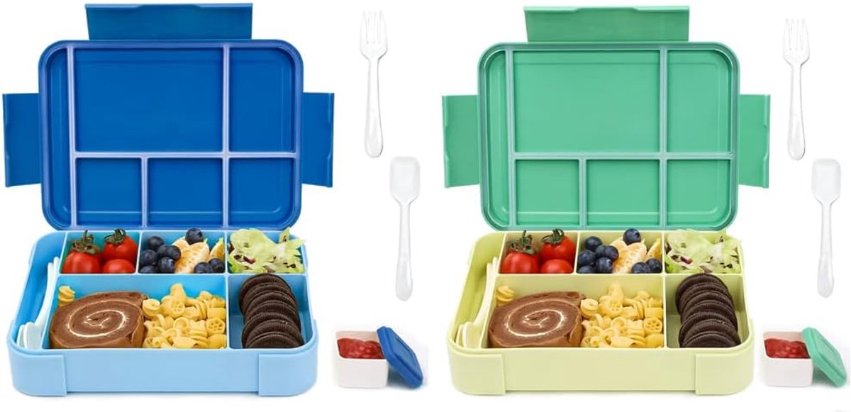 Broodtrommel voor kinderen met vakken, 1330 ml, set van 2, lunchbox voor kinderen, bento box, lekvrij, met 6 vakken, bestekset, lunchbox, lunchbox voor meisjes, lunchbox voor volwassenen