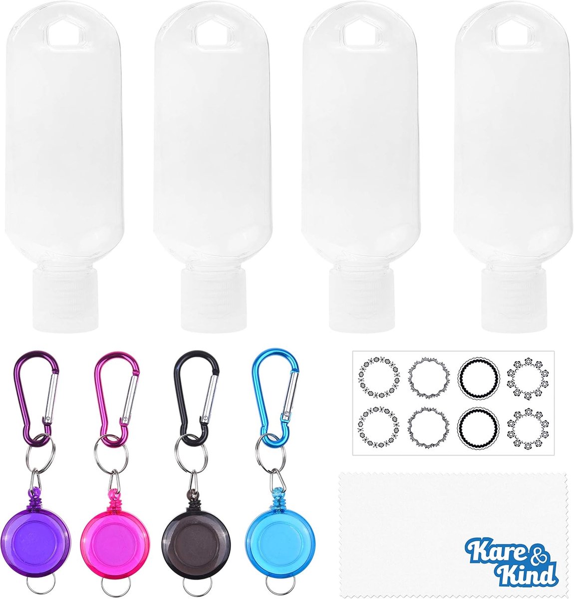 & Kind doorzichtige draagbare reisflessen - 4x lege containers, 4x karabijnhaak/intrekbare lanyard, 1x stickeretiketvellen - tot 50 ml