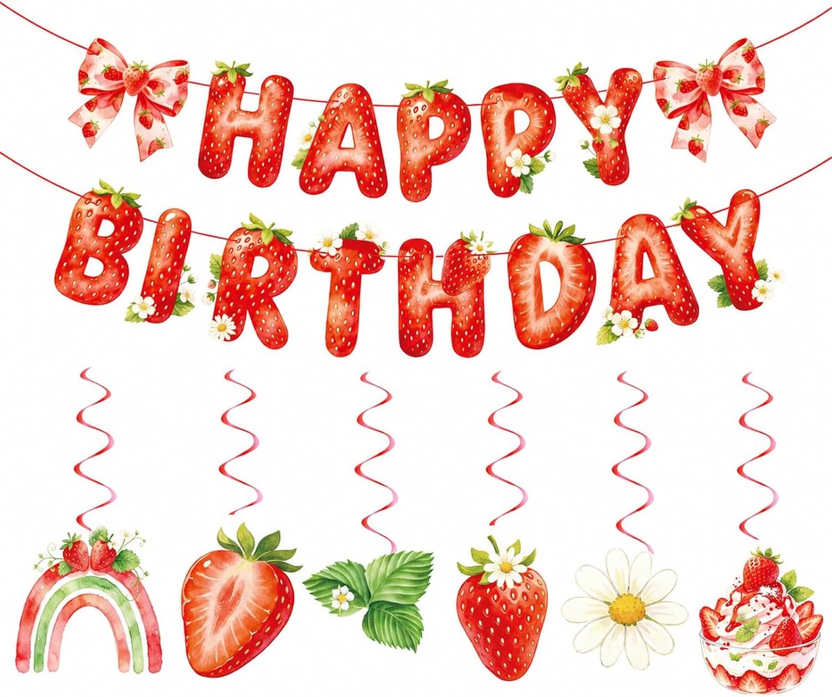Birthday Decoratieset, set van 2 aquarel aardbeien en spiraalstrikken voor kinderfeest, slinger met schattig thema, eenvoudig te installeren.