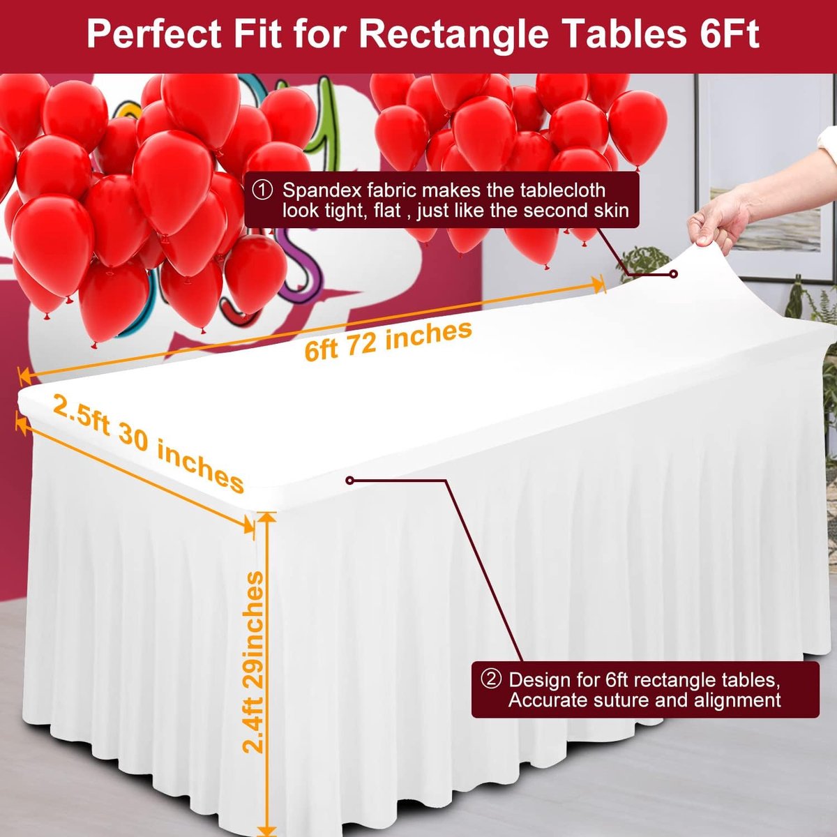 2-in-1 spandex tafelhoes, rechthoekig tafelkleed met geplooide rok, kreukvrij langwerpig‌ laken‌ voor Vendor evenement(Wit, 183 x 76 x 74 cm)