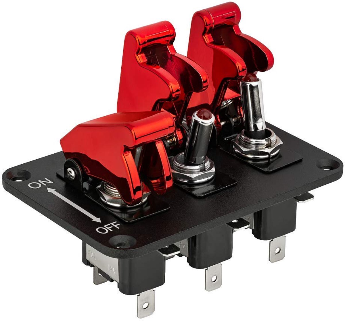 12V 20A tuimelschakelaar paneel 3 rode leds, aluminium, met kabel | snelafdekking, voor racewagen auto boot