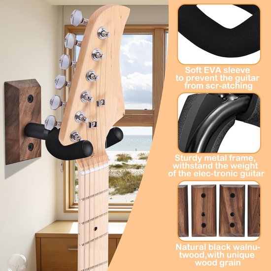 Muurbevestiging 4 stuks, gitaar wandhangers met verstelbare zachte gitaarhaak voor alle maten gitaren, hardhout U-vormige gitaarhouder voor akoestische, elektrische gitaar, bas, eenvoudig te — afbeelding 5