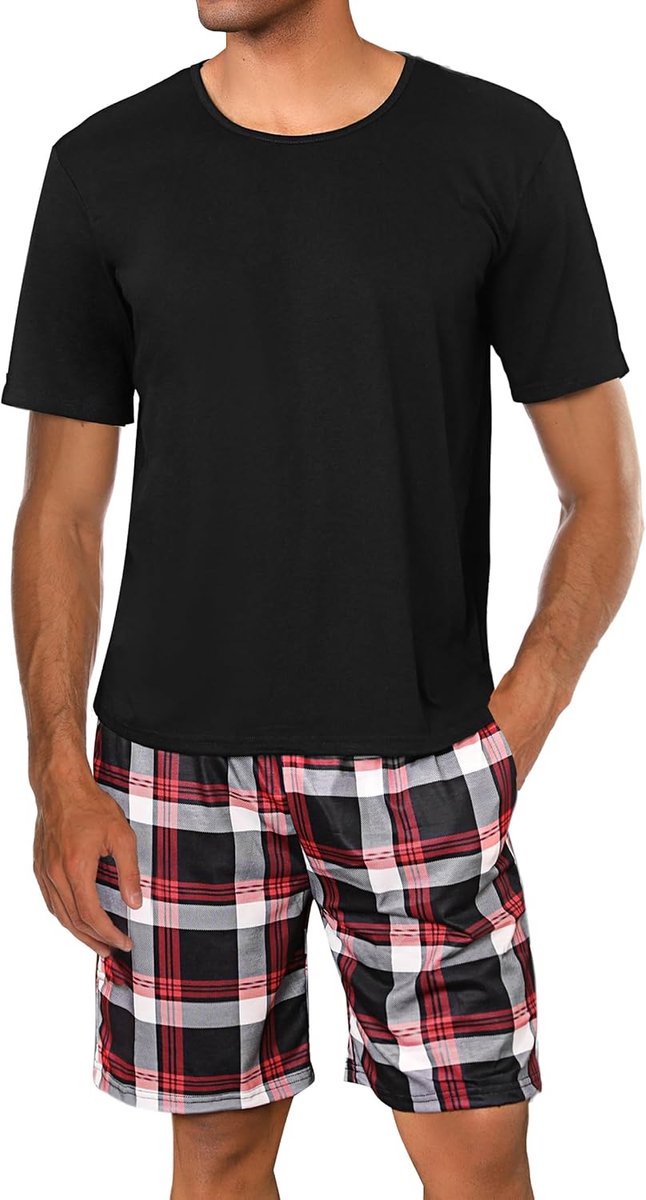 Pyjama voor heren, katoen, korte tweedelige pyjama, nachtkleding, korte mouwen, bovendeel en geruite pyjamabroek, huispak, sleepwear, Stijl 1: zwart., M